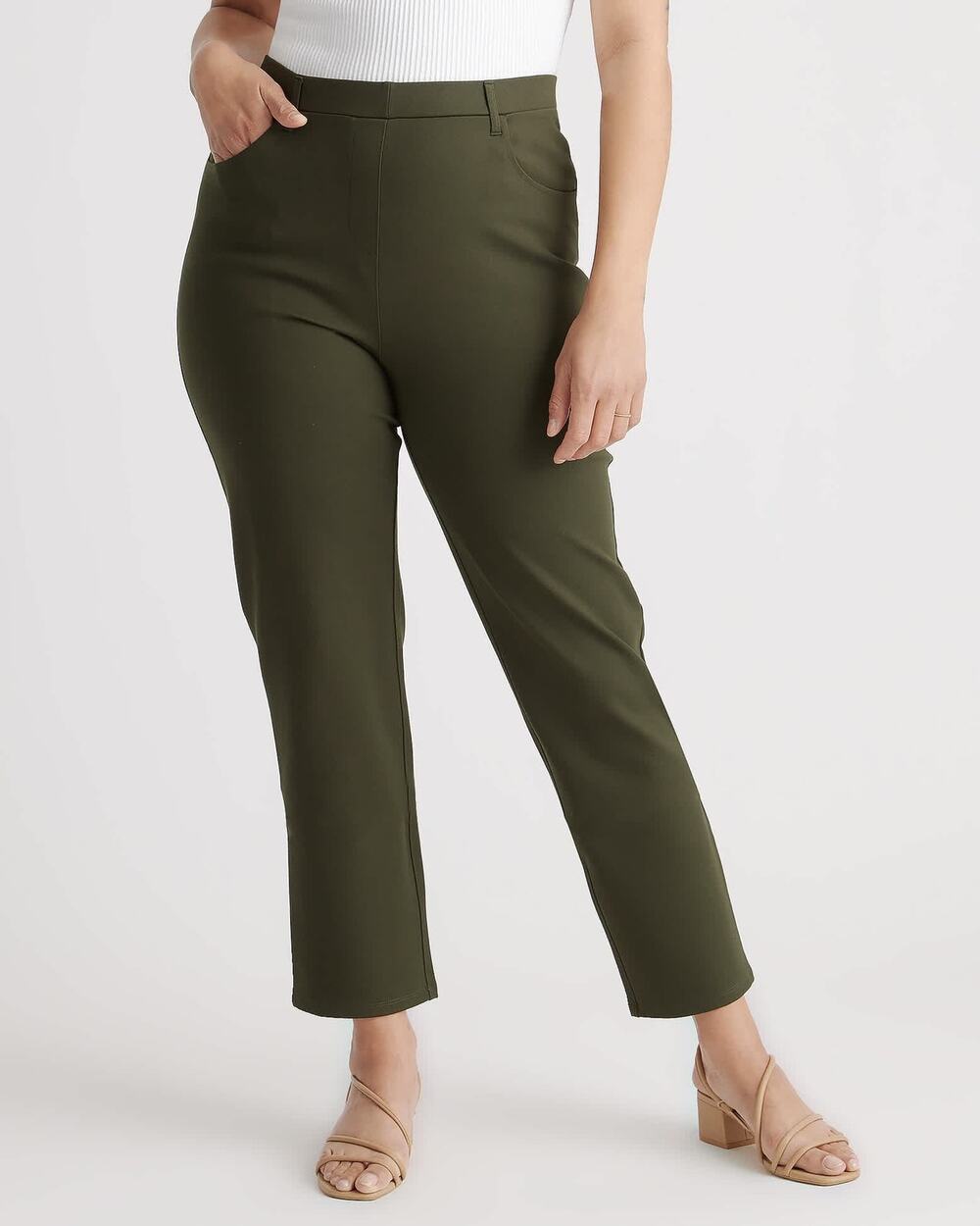 Quince Olive Green Ultra-Stretch Ponte Straight Leg Pants Women's Medium Petite